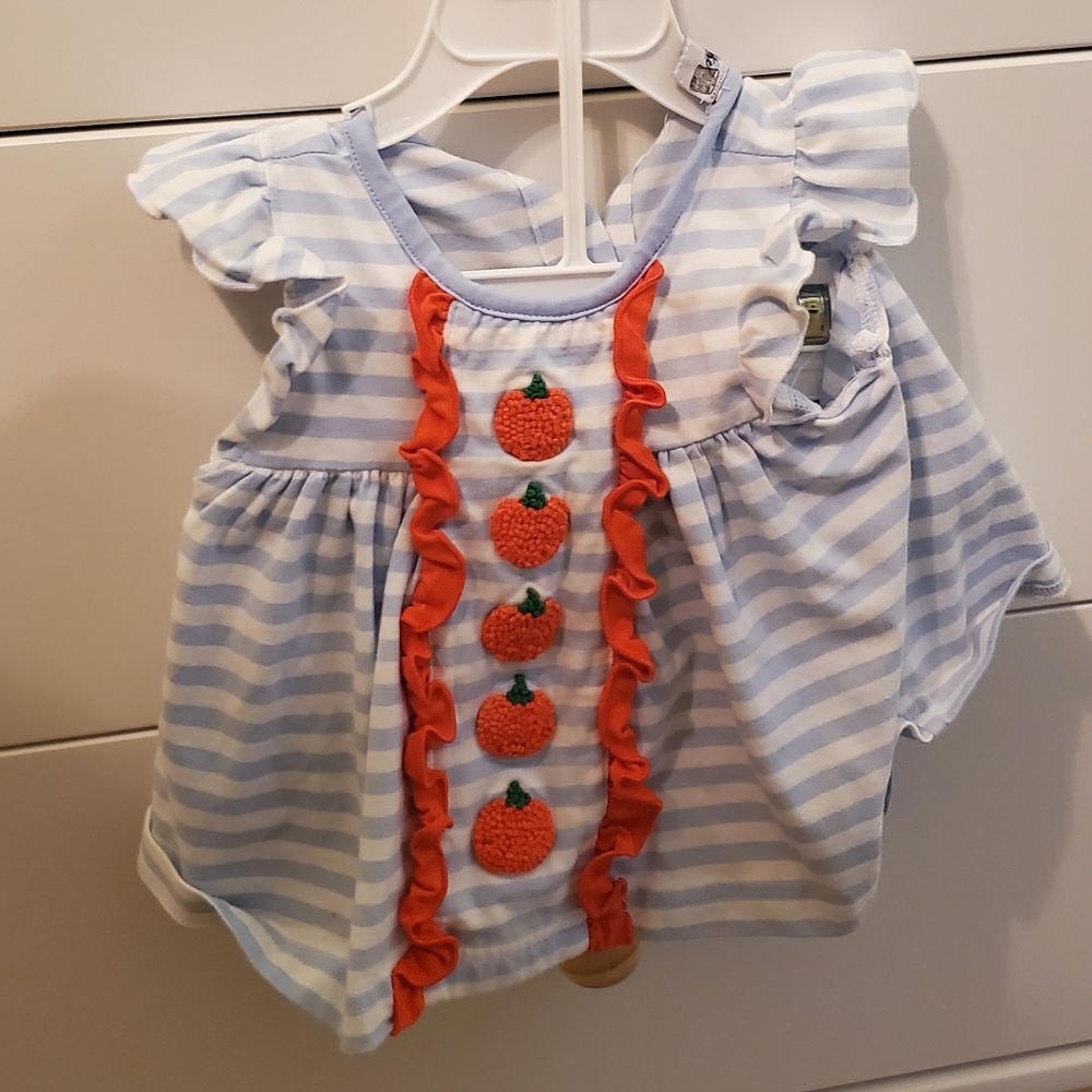 Blue French Knot Knit Pumpkins Smock top w/ bloomers, Emma Blake brand, size 3m